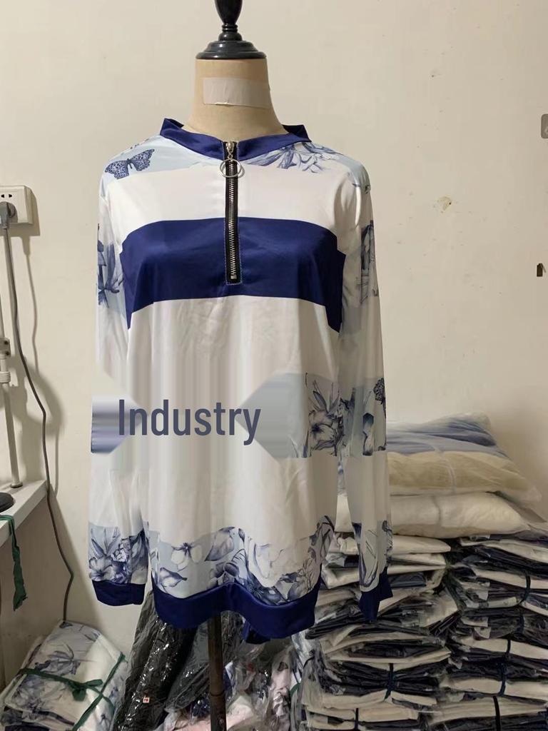 2021 Spring & Autumn Women's Striped Zipper T-shirt - Digital Print Casual Top