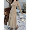 Slim Temperament Solid Color Bottom Skirt Collar Knitted French Medium and Long Dress Women's Autumn Waist Foreign Style Knitted Dress