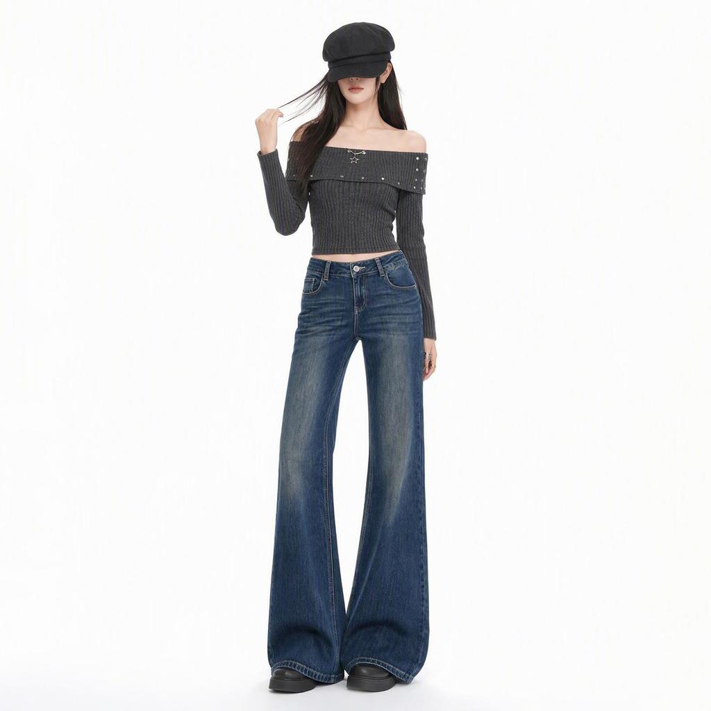 Pocket flip slightly pulled jeans women's autumn and winter non-stick legs horseshoe pants elastic high waist thin straight flared pants