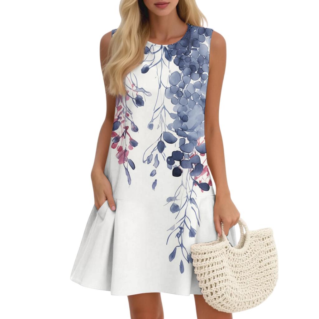 Women's Casual Fashion Breathable Round Neck Vest Floral Holiday Dress With Pockets