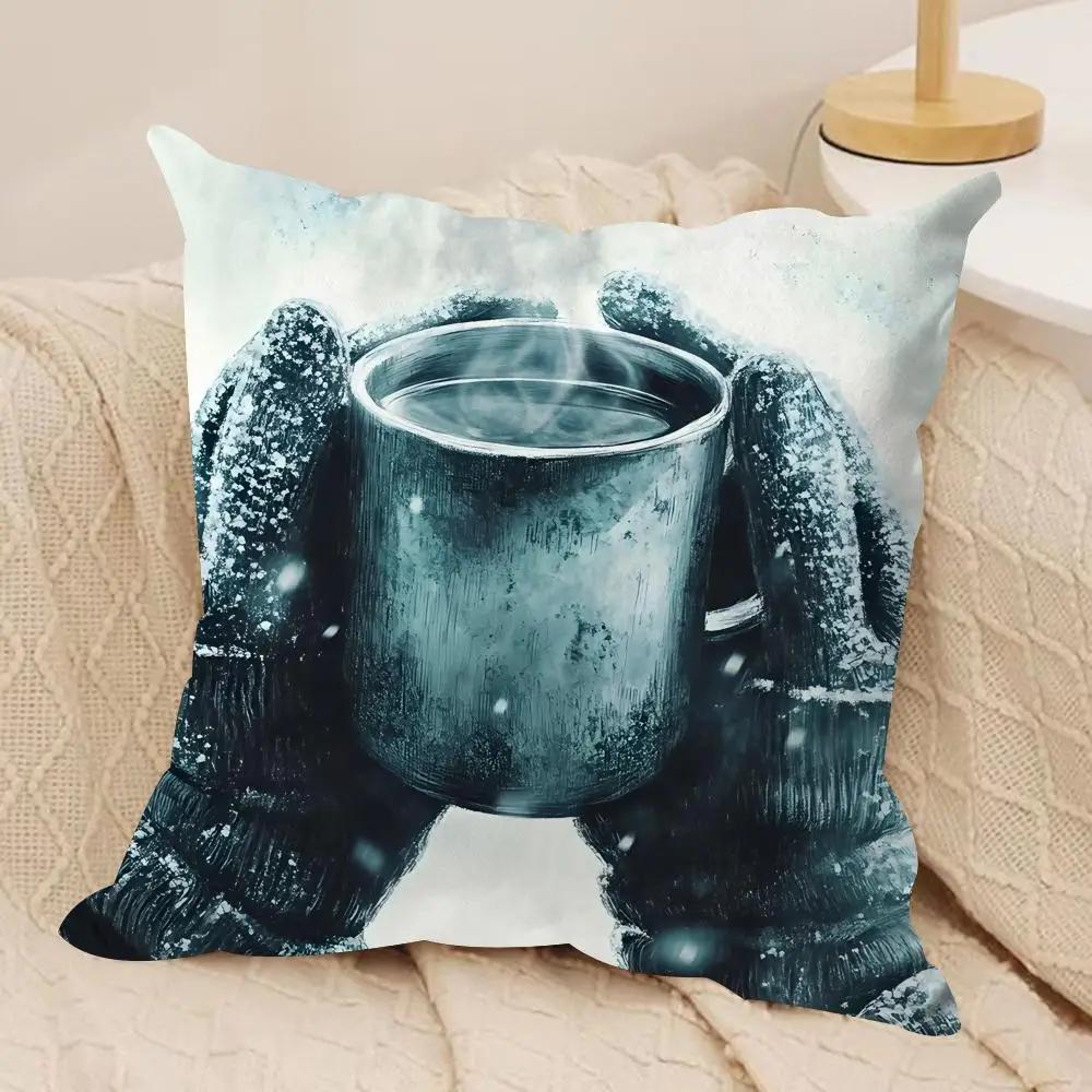 Coffee A Warm Day Cushion Cover Silky Short Plush Invisible Zipper Dustproof Sofa Pillow Case For Home Decor