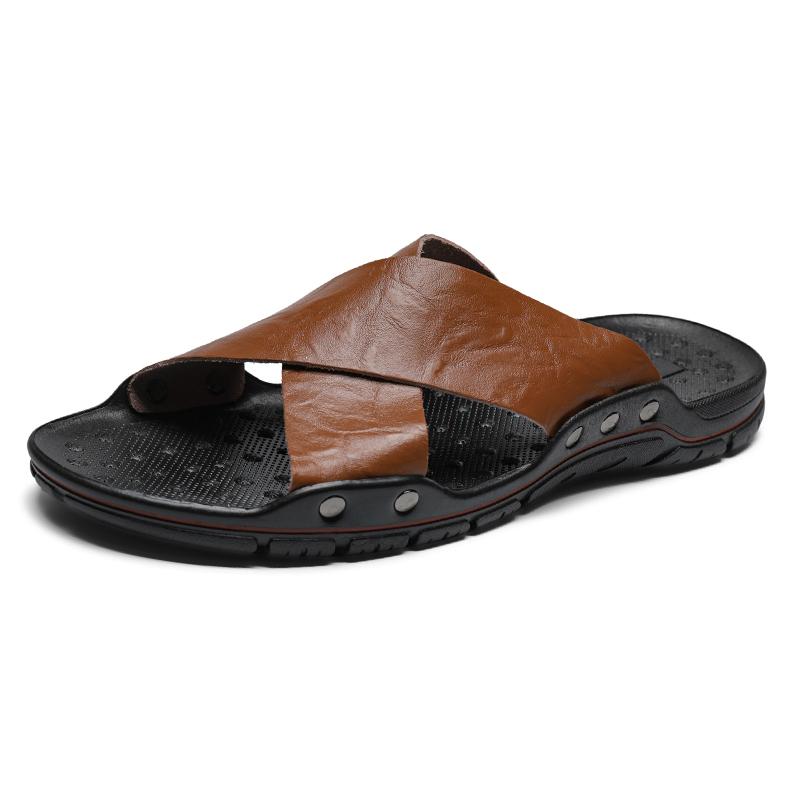 Fashion Men Shoe Men's  Leather Slide Sandals Comfortable Summer Casual Shoes for Men Non-Slip Sole Slippers Lightweight Beach Half Drag