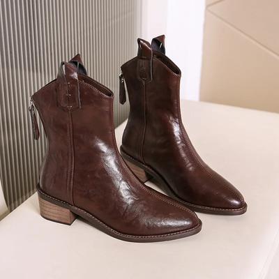 Bottines pointues pour femmes, nouvelles bottes d'équitation françaises d'automne/hiver, bottes de cowboy occidentales à bouche en V en cuir souple marron à talons épais