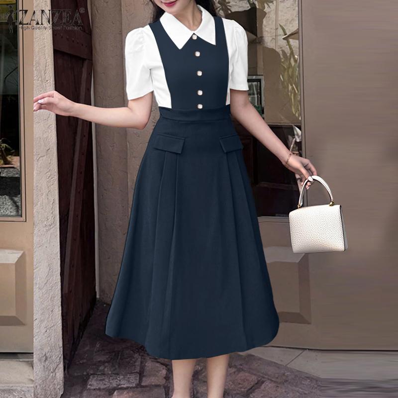 ZANZEA Women Classic Collar Summer Casual Short Sleeve Patchwork Dress