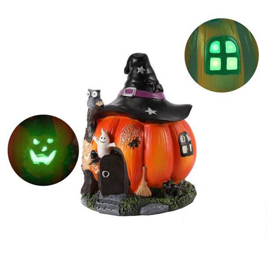 Halloween Decoration Halloween Witch House Statue Glowing Resin Or Trick Figurine Desktop Ornament Halloween Decor
