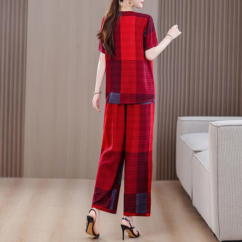 Eleganta 2-delade Set för Kvinnor Plus Size Löst Vintage Tryck Hög Midja Byxset Sommar Casual Kläder för Medelålders Kvinnor