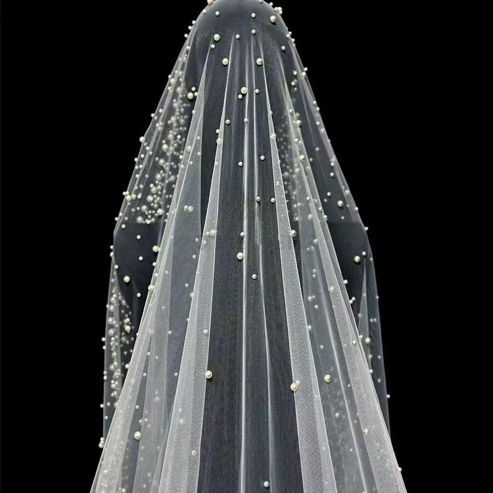 Vintage Pearls Tulle Bridal Veil Pearls Wedding veil Elegant Waist Length Drop Veil  Wedding Dress