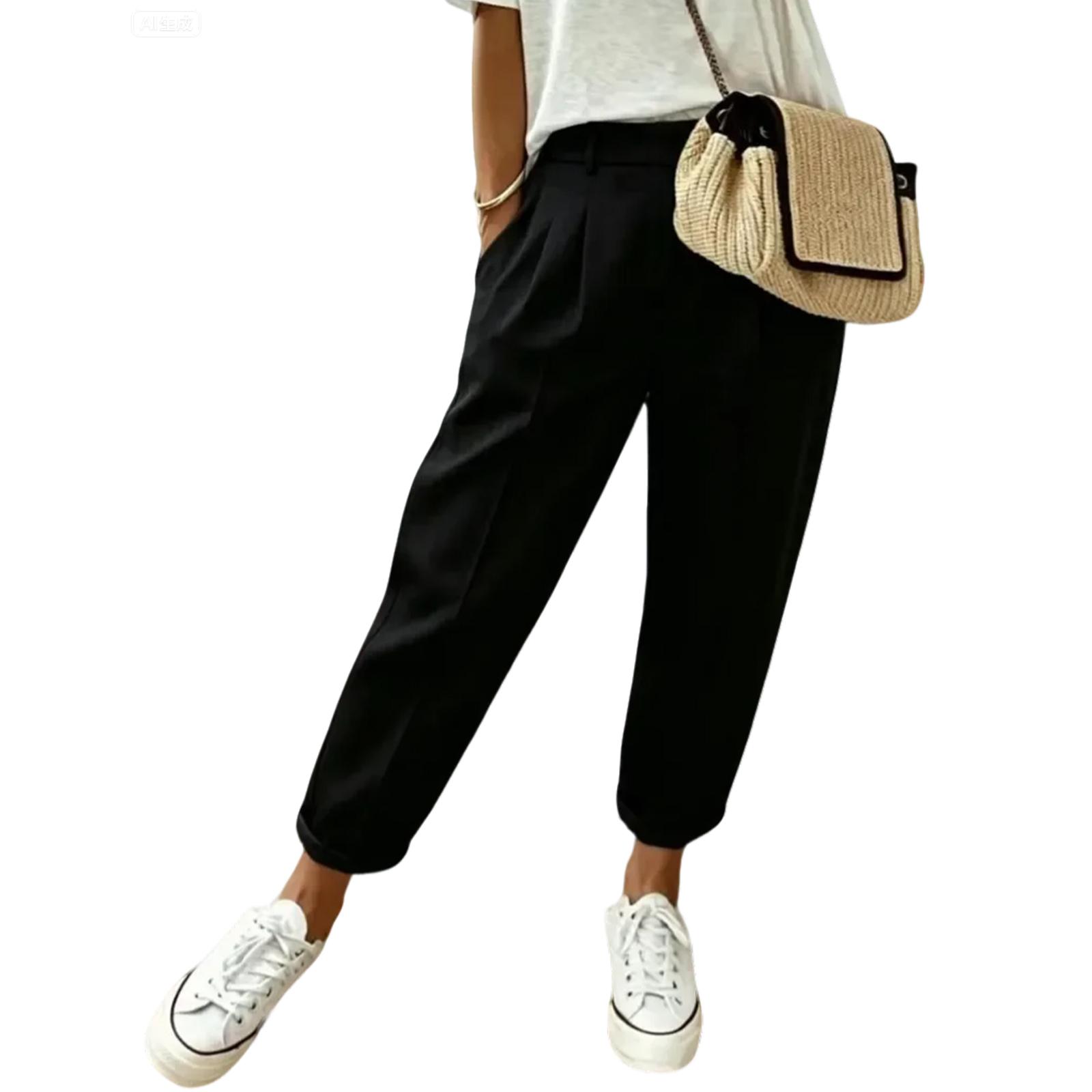 

High Waist Loose Fit Wide Leg Pants for Women with Pockets Comfortable Pleated Trousers for Casual Daily Hiking Wear M чёрный