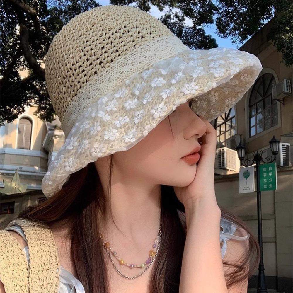 Ribbon Sunscreen Bucket Hat Lace Beach Fisherman Hat Fashion Bow Straw Hat  Vacation