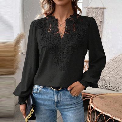 Damen Pullover mit kurzem V-Ausschnitt, halboffenem Kragen, Spitzennähten, langärmelig, einfarbig, lockere Passform