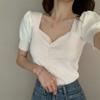 Summer New Style Hong Kong Style Retro Puff Sleeve Short Bottoming Slim V-neck Short-sleeved Sweater Tops for Women