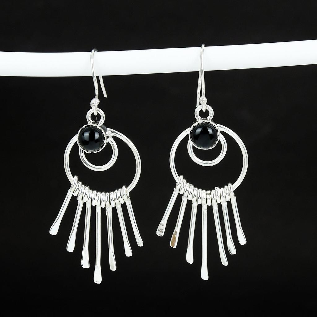 Natürlicher Schwarzer Onyx Edelstein Hakenohrringe 925 Sterlingsilber Ohrring, Handgefertigter Boho Silberschmuck Hängeohrringe, Geburtstagsgeschenk