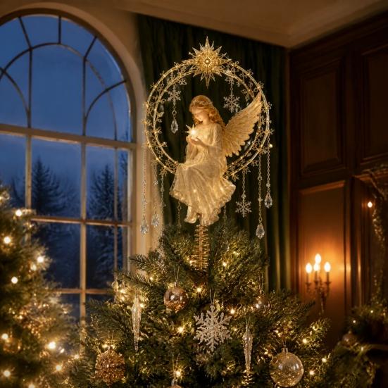 Holiday Ornament for Christmas Tree Angel Topper, Acrylic Winged Treetop with Indoor Decoration Spring Base Xmas Tree, Home Party Decor Table