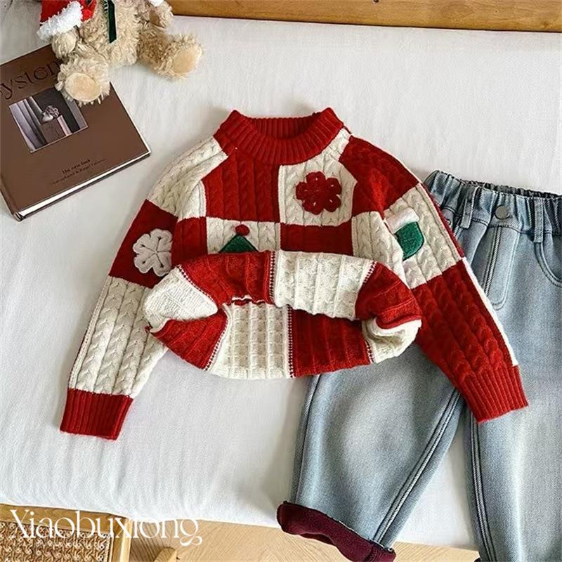 Kids Winter Thick Red Knit Sweater with Bear Print for Boys and Girls Christmas Holiday