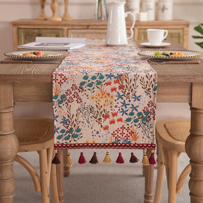 Yarn-Dyed Jacquard Tassel Trim Ins Coffee Table/TV Stand/Bed Decorative American Retro Bohemian Table Poly-Cotton Tablecloth