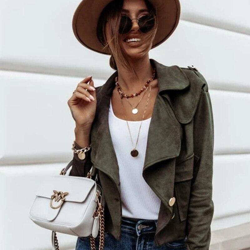 

Women Solid Color Jacket Long Sleeve Turn-down Collar Side Pocket Single-breasted Coat Womens Coat S зелений