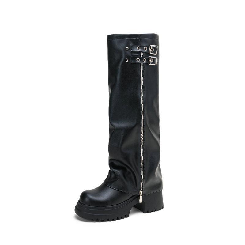 High Boots Square Head Thick Sole Thick Heel High Heel Belt Buckle Side Zipper Pipe Boots But Knee Trouser Boots Knight Boots
