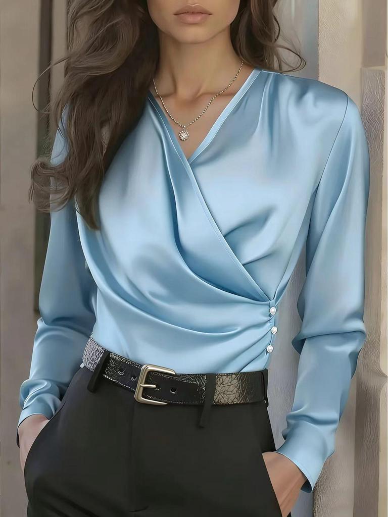 2026 European Autumn Women's Satin V-Neck Slim-Fit Top - Versatile & Stylish