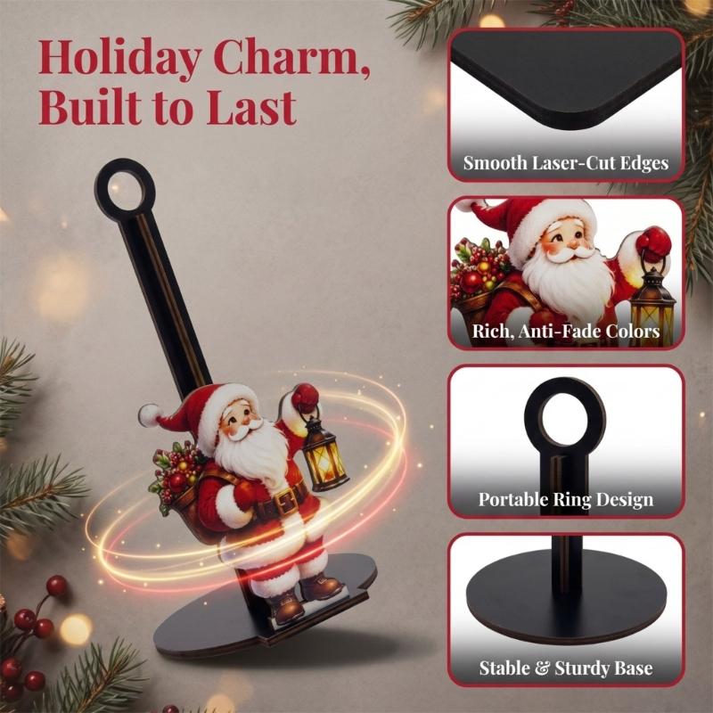 Wood Paper Towel Roll Holder with Vertical Center Post, Round Base, and Christmas Animal Panel for Countertop Use