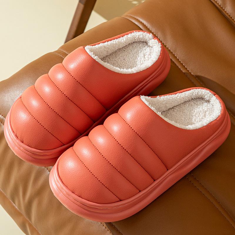 Leather cotton slippers couple autumn and winter home warmth home indoor non-slip thick-soled plush slippers men