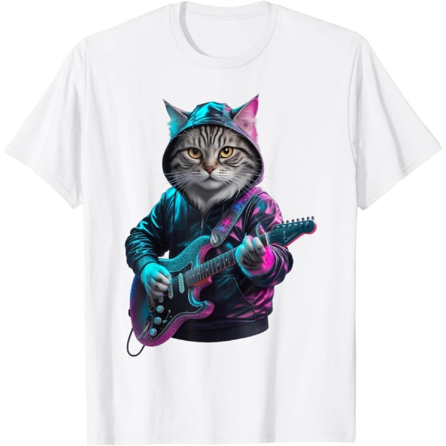 Футболка Pertmunsv Кот Играет на Гитаре Рок-н-Ролл Рок-Звезда для Мужчин Женщин Детей S