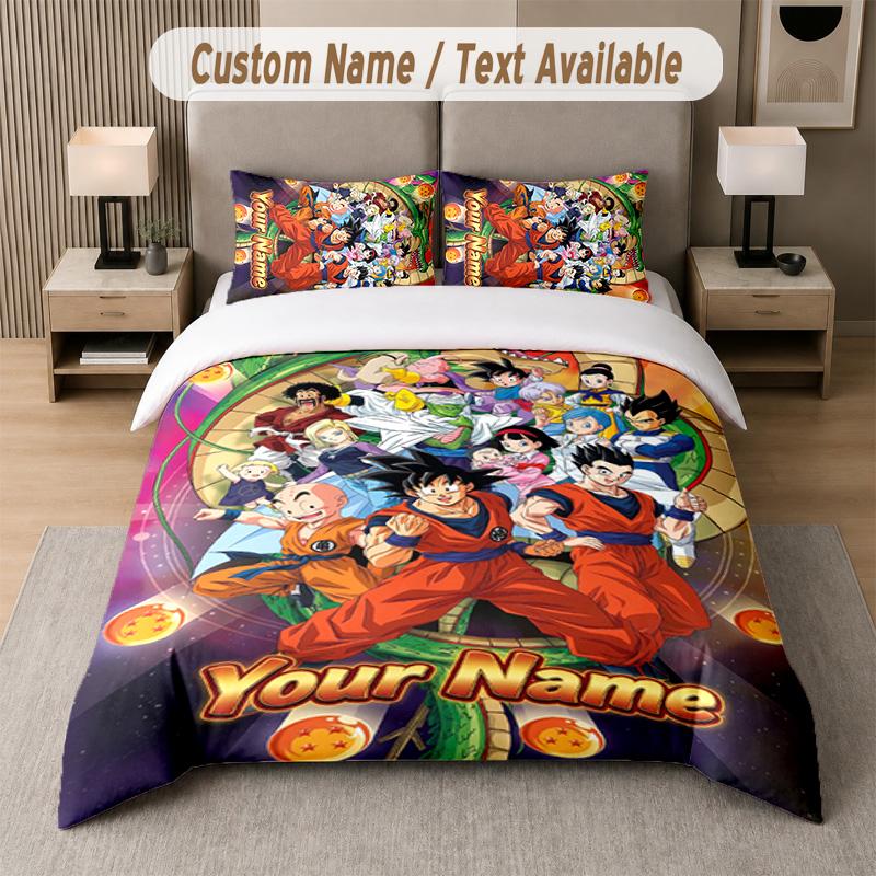 Dragon Ball 3Pcs Bedding Set, Personalized Custom Name Text, 1 Duvet Cover & 2 Pillowcases For Bedroom