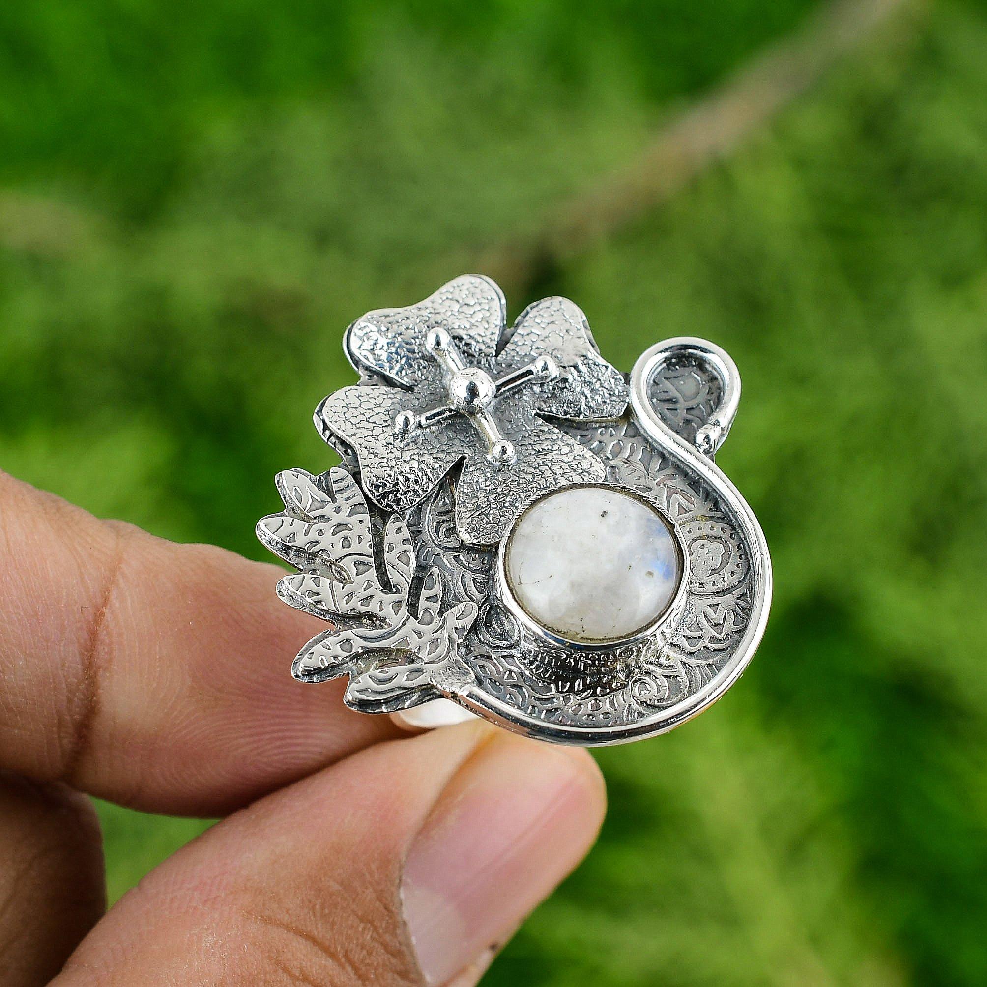 

Natural Rainbow Moonstone Stackable Flower Adjustable Ring 925 Silver For Women Adjustable