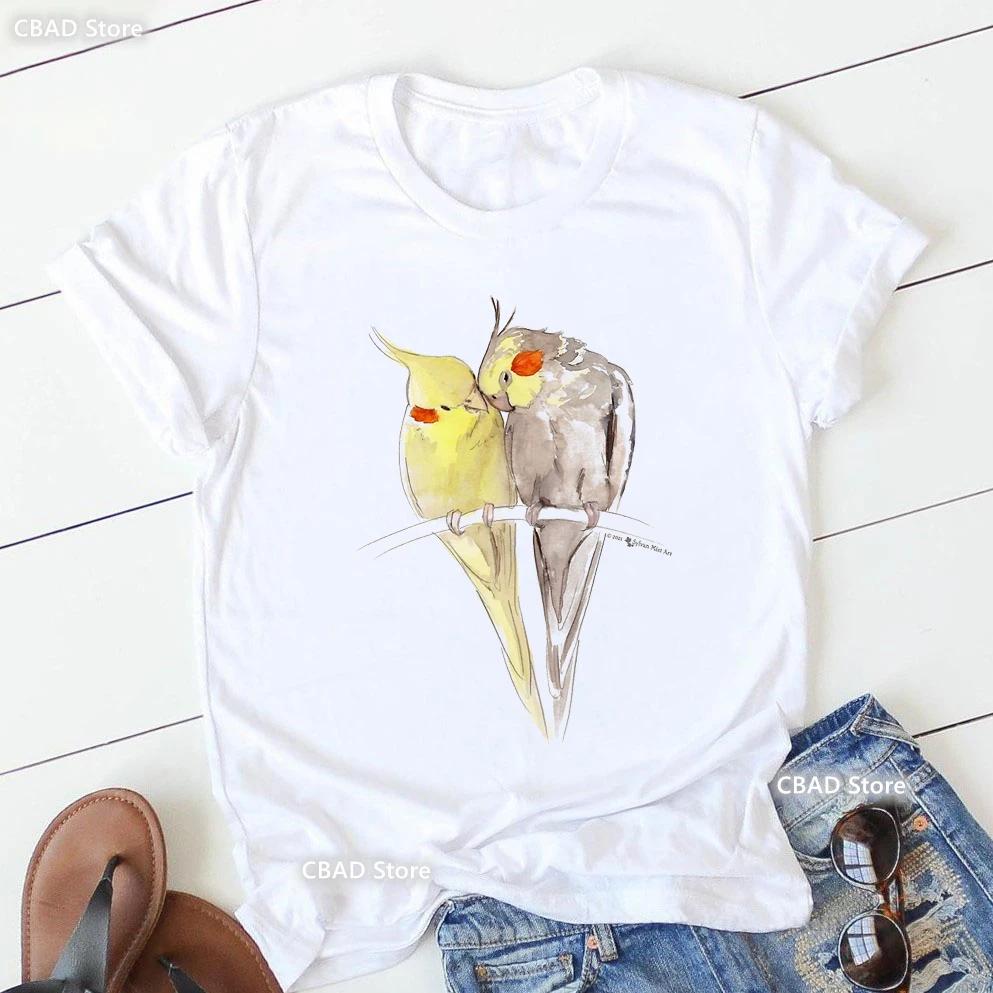 Cute Cockatielsparrot Bird Lovers Print T Shirt Girls Sunflower Flowers Tshirt Unisex Harajuku Kawaii Clothes Summer Tops Tee