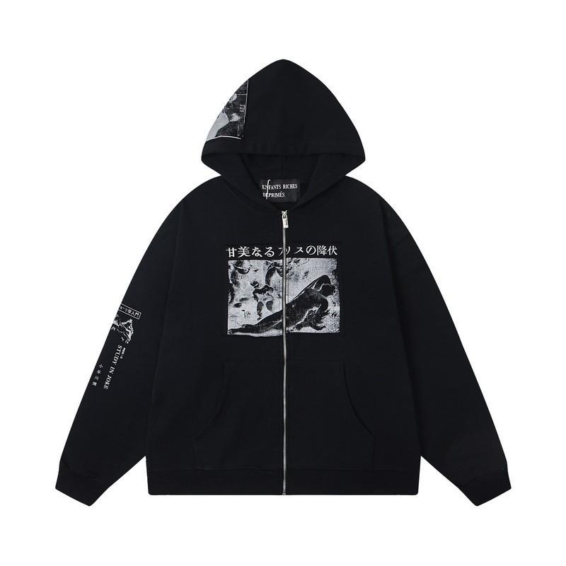 Mens Oversized Streetwear Hoodie With Distressed Zipper Graphic Print Cotton Long Sleeve Pullover Casual Wear