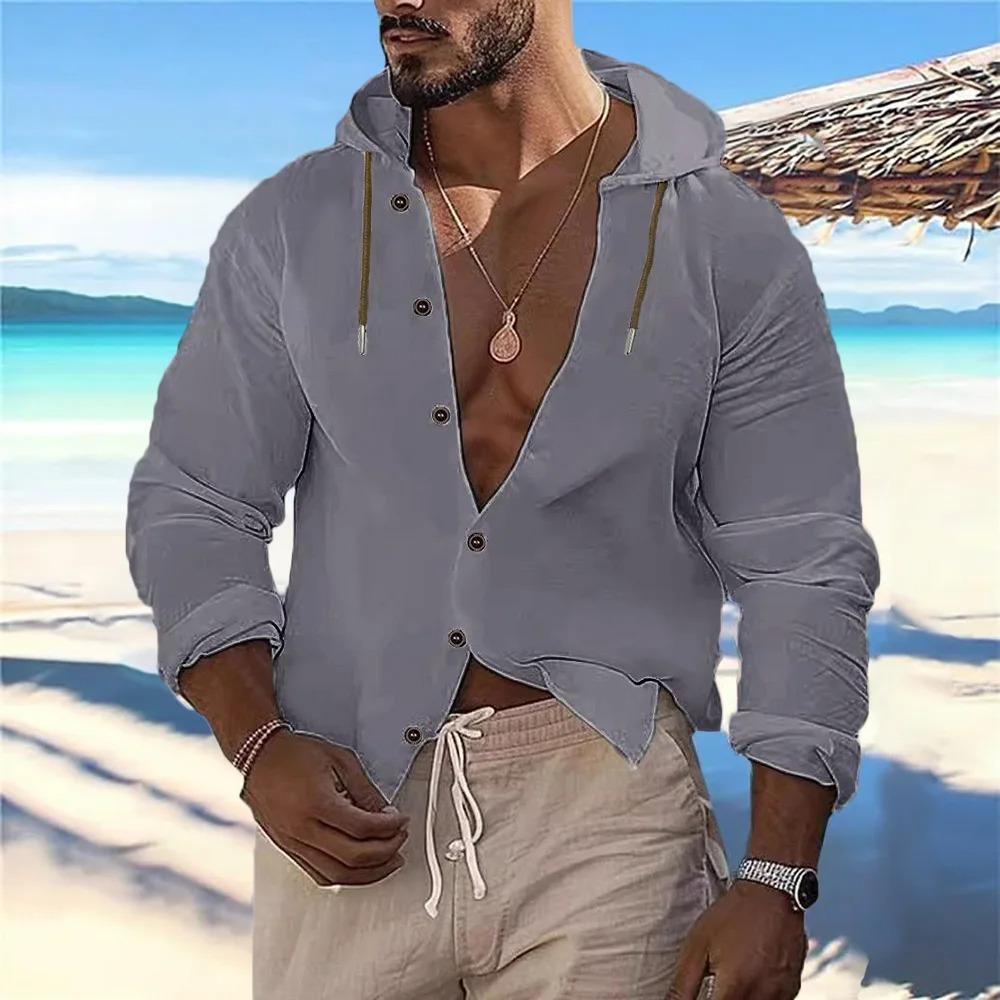 Men's Casual Cotton Linen Hooded Shirts Lightweight Breathable Vacation Tops Autumn