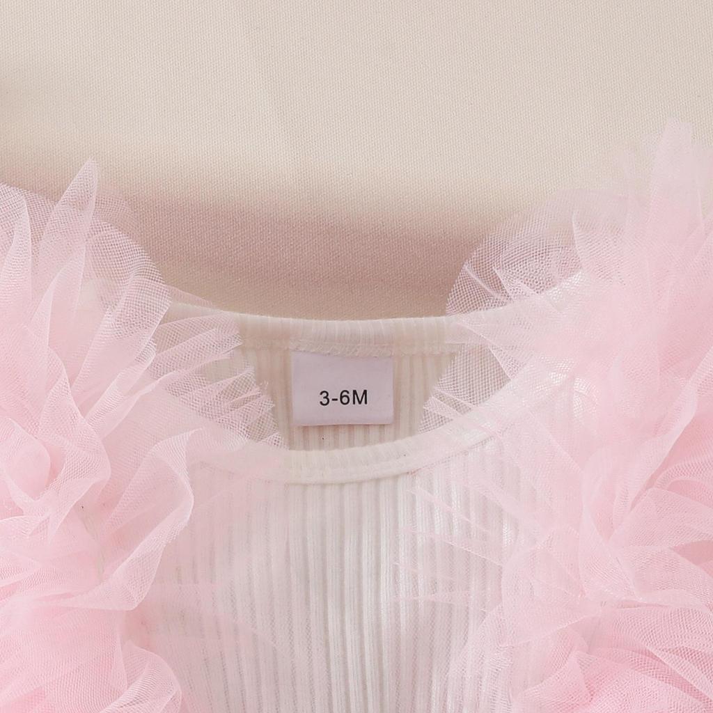 Baby Girl Long-Sleeve Ribbed Romper with Mesh Skirt Hem and Beaded Bow for Autumn and Winter