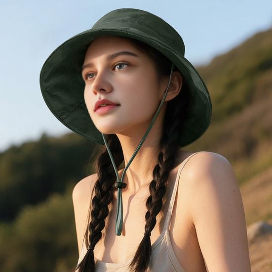 Women Hat Fisherman Style Solid Color Basin Hat with Reflective Stripe Lace-Up Dome Design Bucket Hat
