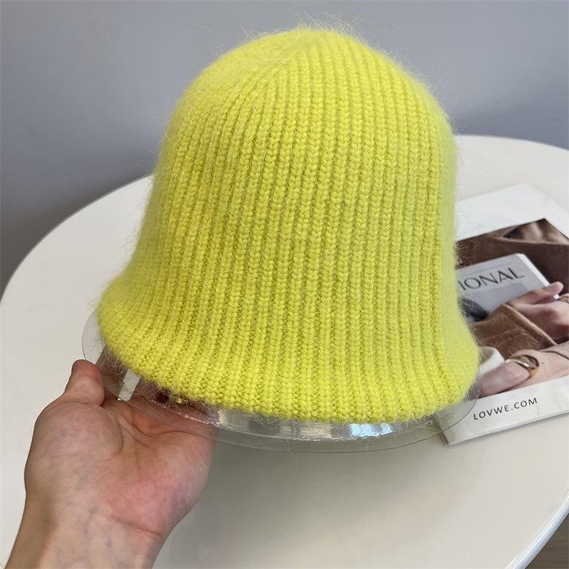 Rabbit hair blended wool knitted vertical striped bucket hat women's autumn and winter warm solid color literary fisherman hat