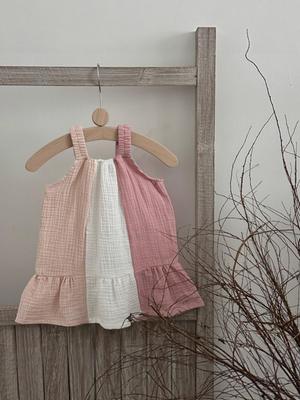 Mädchen-Baumwollkleid im koreanischen Stil, dreifarbiges Patchwork, Rüschen, Sommer-Prinzessinnen-Trägerkleid