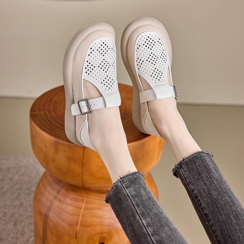 Baotou Sandals Women's Soft Leather Loafers 2025 New Summer Hollow Soft Sole Large Size Women's Casual Hole Shoes