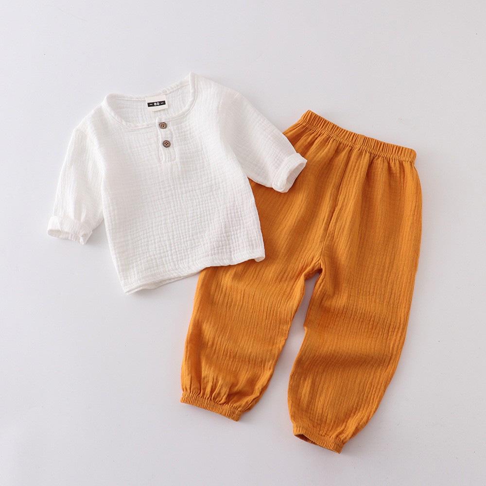 Kids' Cotton Linen Long Sleeve Set - Unisex Gauze Joggers, Loose Two-Piece for Spring/Summer