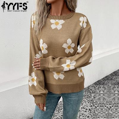 Women's Fashion Casual Fall Winter Flower Pattern Print Long Sleeve O-Neck Sweaters