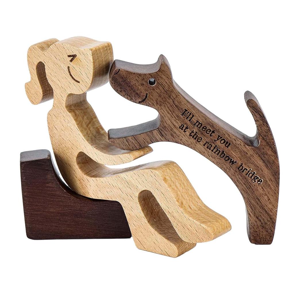Sitting Woman and Dog Unique Gift Animal Sculptures Collection Wood Carved Collectible Figurines Tabletop Desk Shelf Decor