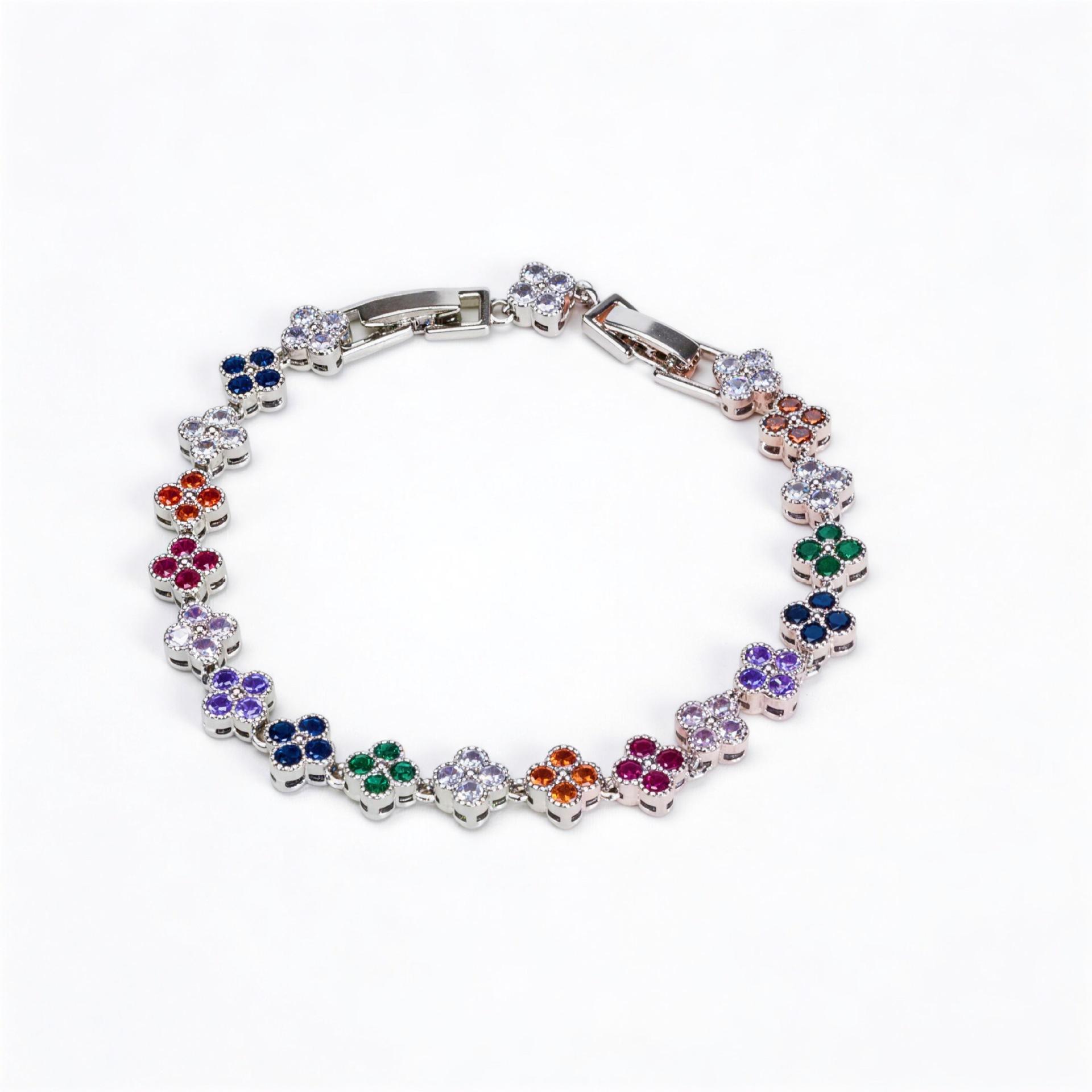 

2026 Silver Full Diamond Colored Four-leaf Clover Bracelet, Micro-set Bracelet Light Luxury Jewelry Personalized Trend Couple Accessories 20CM