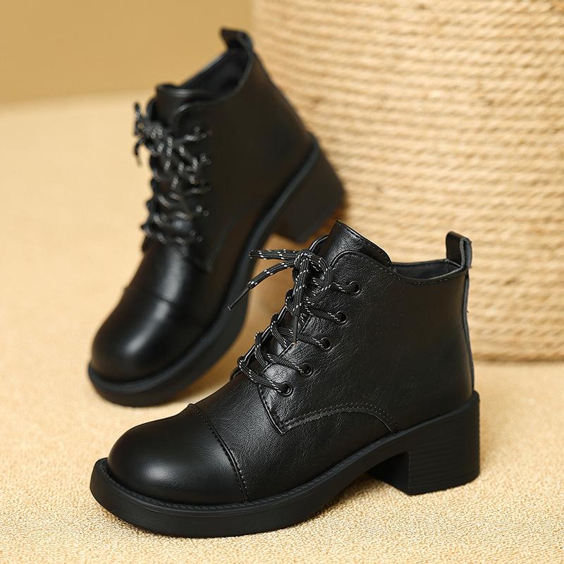 

Женские короткие ботинки Осень Зима Новая мода На шнуровке Винтажные Туфли на среднем каблуке Уличные Нескользящие Ботильоны на платформе 35 чёрный
