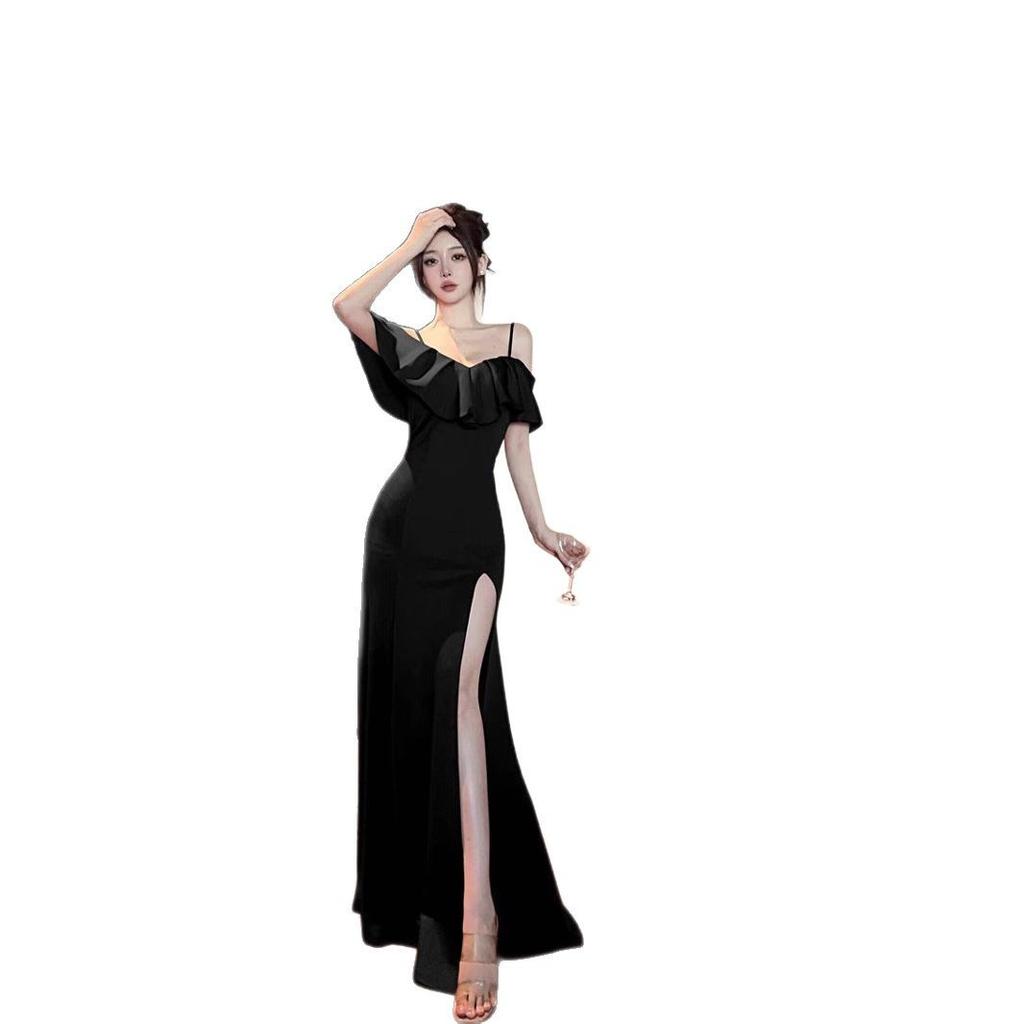 High-end Niche Light Luxury One-word Shoulder Evening Dress Women's New High-end Sexy Banquet Slim and Thin Dress