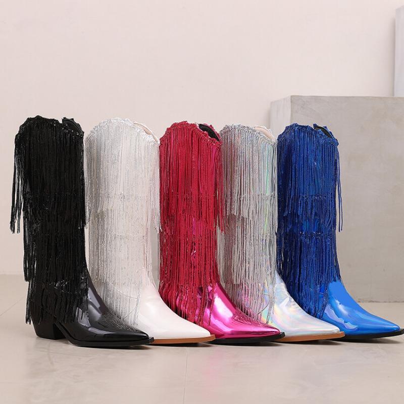 Fashion New Tassel Sequins Western Cowboy Boots Black Silver Short Plush Autumn/Winter 6.5cm High Heel Wild Fashion Knee Length Boots 46