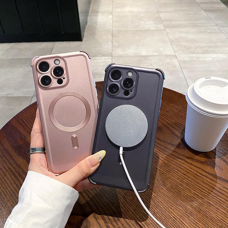 Applicable To IPhone 16 Metal Paint Magnetic Suction Mobile Phone Case Four Corners Anti Fall Apple 15 ProMax Airbag Protective Case 14
