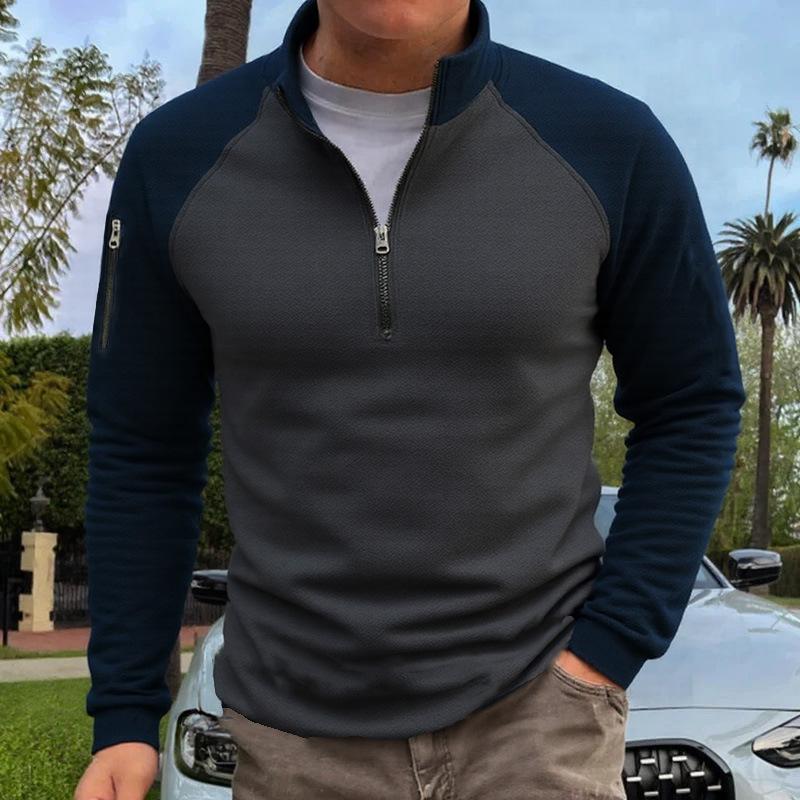 New Fleece Men's Polar Fleece Warm Autumn and Winter Color-blocked Velvet Pullover Stand-up Collar Top