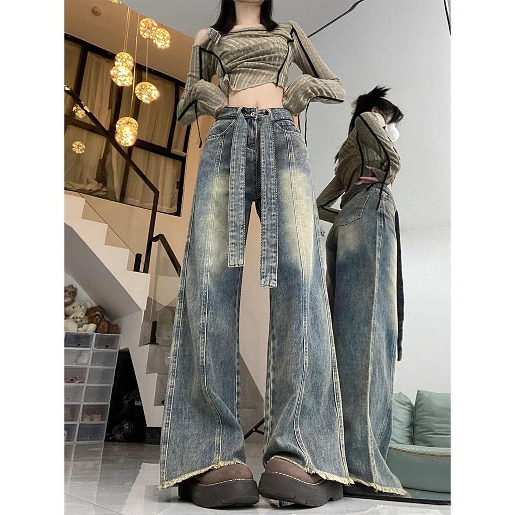 Plus Size High Waist Retro Wide Leg Jeans for Women - Slimming, Loose Fit, Floor Length, Autumn Winter Style