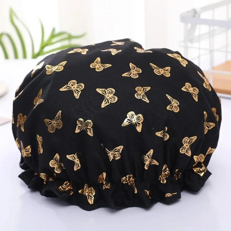 Double Shower Cap Waterproof Hair Cap Hot Gold Printed Terylene Cotton Shower Hat Bathing Comfortable Women Eco-Friendly