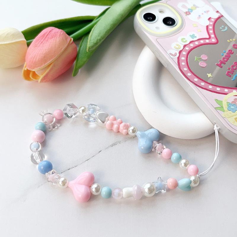 Bear Bead Phone Chain Cute Charms Keychain Wristband Strap Girl Woman Cellphone Flower Lanyard