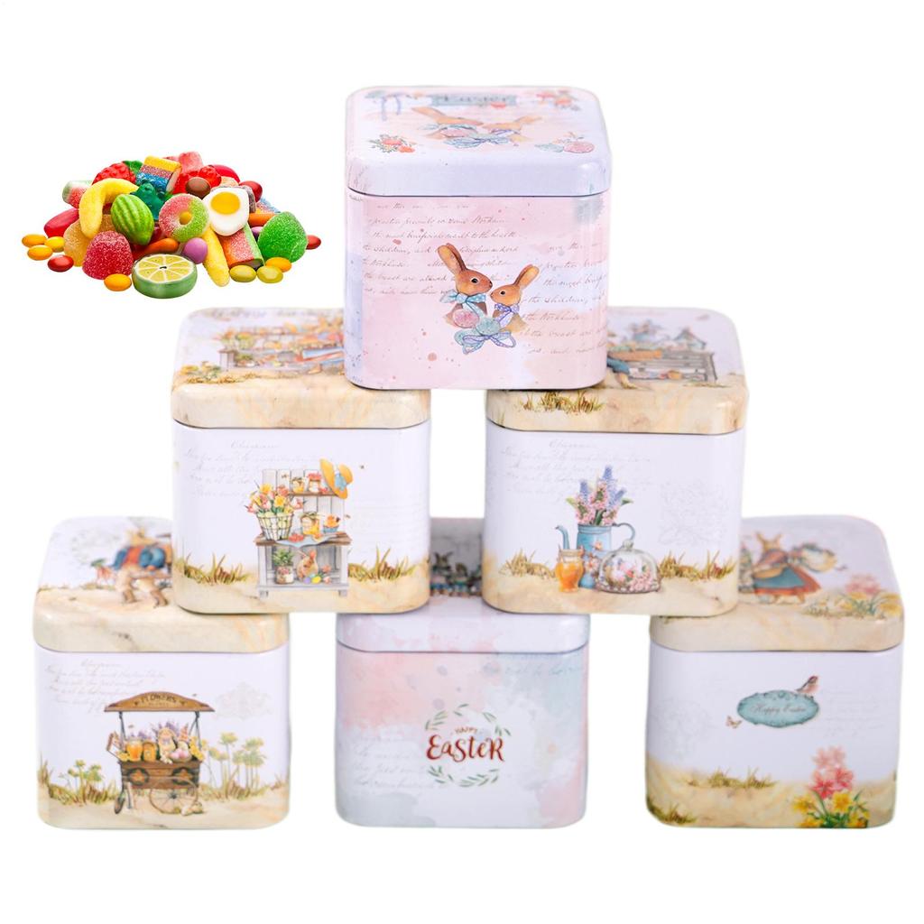 6pcs Easter Cookie Tin Box Bunny Pattern Container With Lid Metal Easter Treat Boxes Easter Gift Decoration Box For Snack Spring