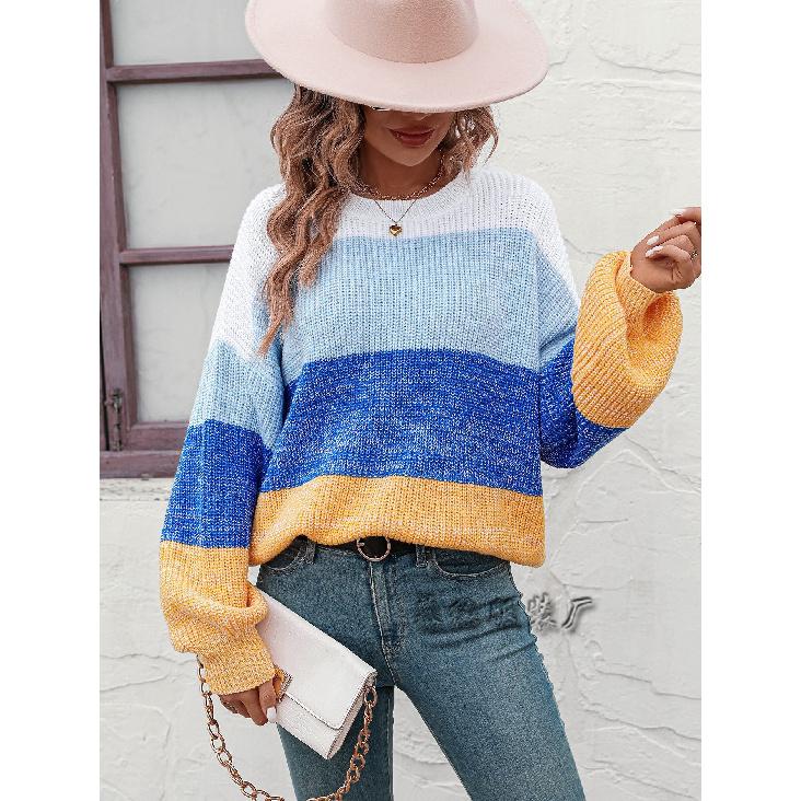 2024 Herbst/Winter Neuer europäischer und amerikanischer Farbblock-Rundhals-Strickpullover Modepullover für Damen