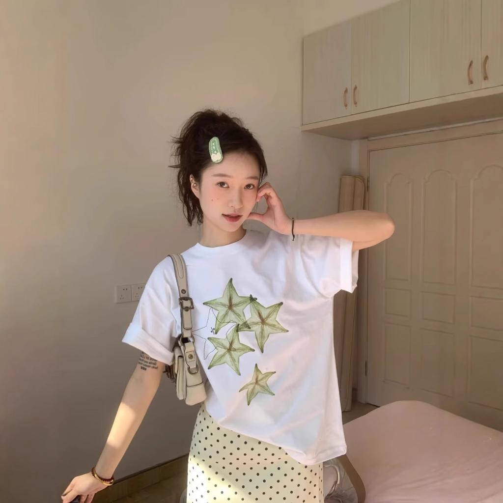 Korean niche white short-sleeved T-shirt women's summer fun star fruit print loose casual heavy cotton top ins